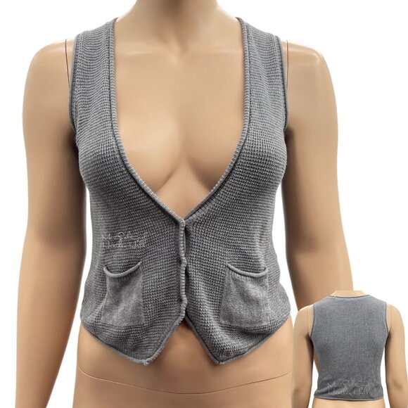 J. Jill Gray Waffle Weave Knit Cotton V-Neck Single Breasted Sweater Vest Small - Picture 1 of 6
